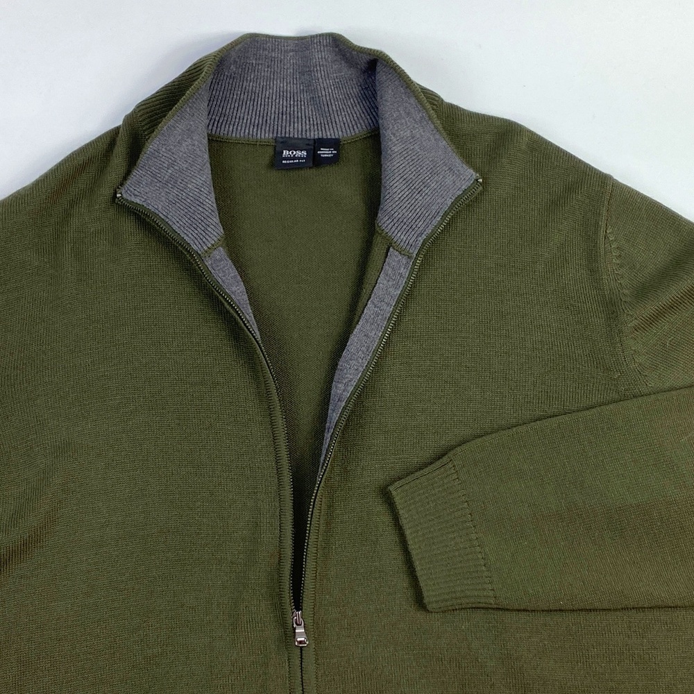 (Sold)Hugo Boss Long Regular Fit Virgin Wool Blend Full Zip Sweater Jacket Mens